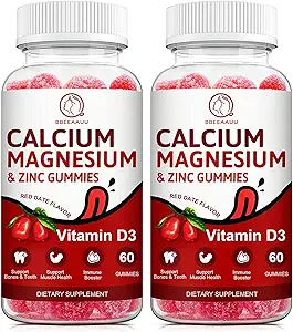 Kalsiyum, Magnezyum, çinko & Vitamin D Gummies - 2 Pack | Kadınlar için Vitaminler, Erkekler ve Çocuklar | Güçlü Sağlıklı Kemikler için Gıda Supplements, çinko Gummies, Gluten-Free, Vegan - 120 Kont