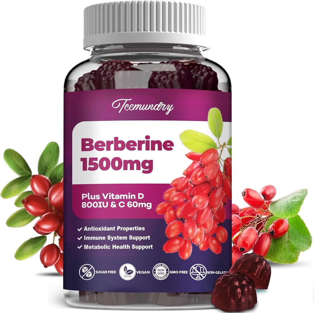 Βερβερίνη Gummies 1500 mg από ινδική ρίζα βατόμουρο υψηλή ισχύς με βιταμίνη D & συμπλήρωμα βιταμίνης C