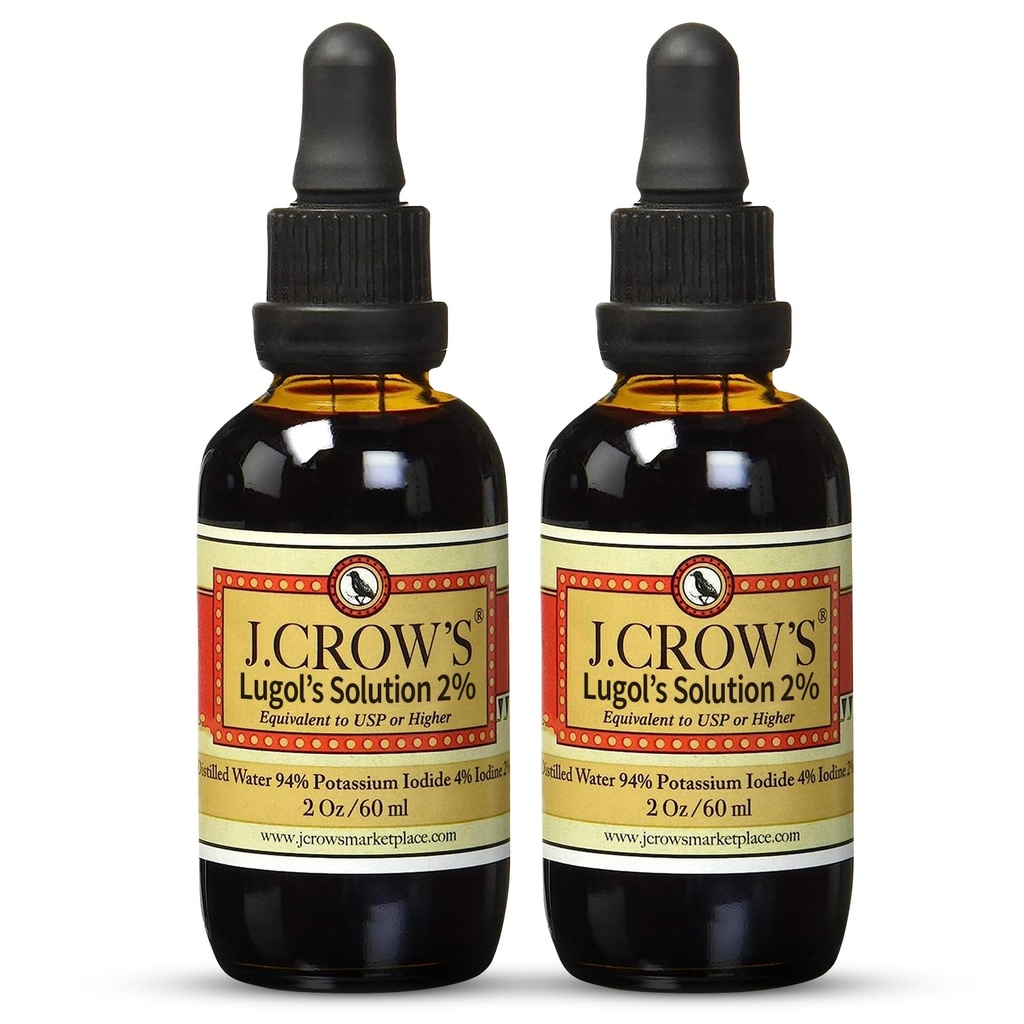 J.CROW'S® Lugol's Solution of Iodine 2 oz (2 Şişe) - Premium Iodine & P Properties Iodide Liquid, Gluten &, Alkol-Free Natural Brine Ekstraksiyon, No Expiration