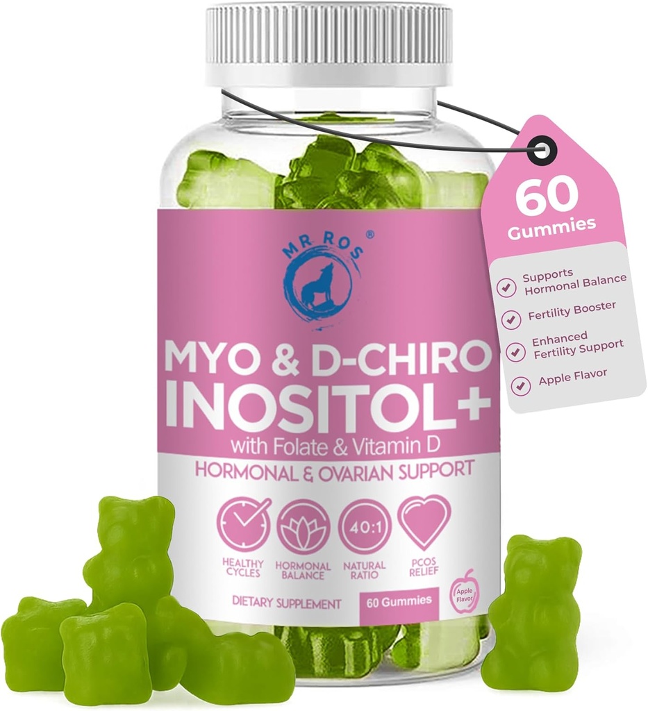 Ινοσιτόλη Gummies PSOS με Φολικό & Βιταμίνη D - Myo & D-Chiro Inositol Blend, 40:1 Ratio, 60 Apple Flavor Gummies