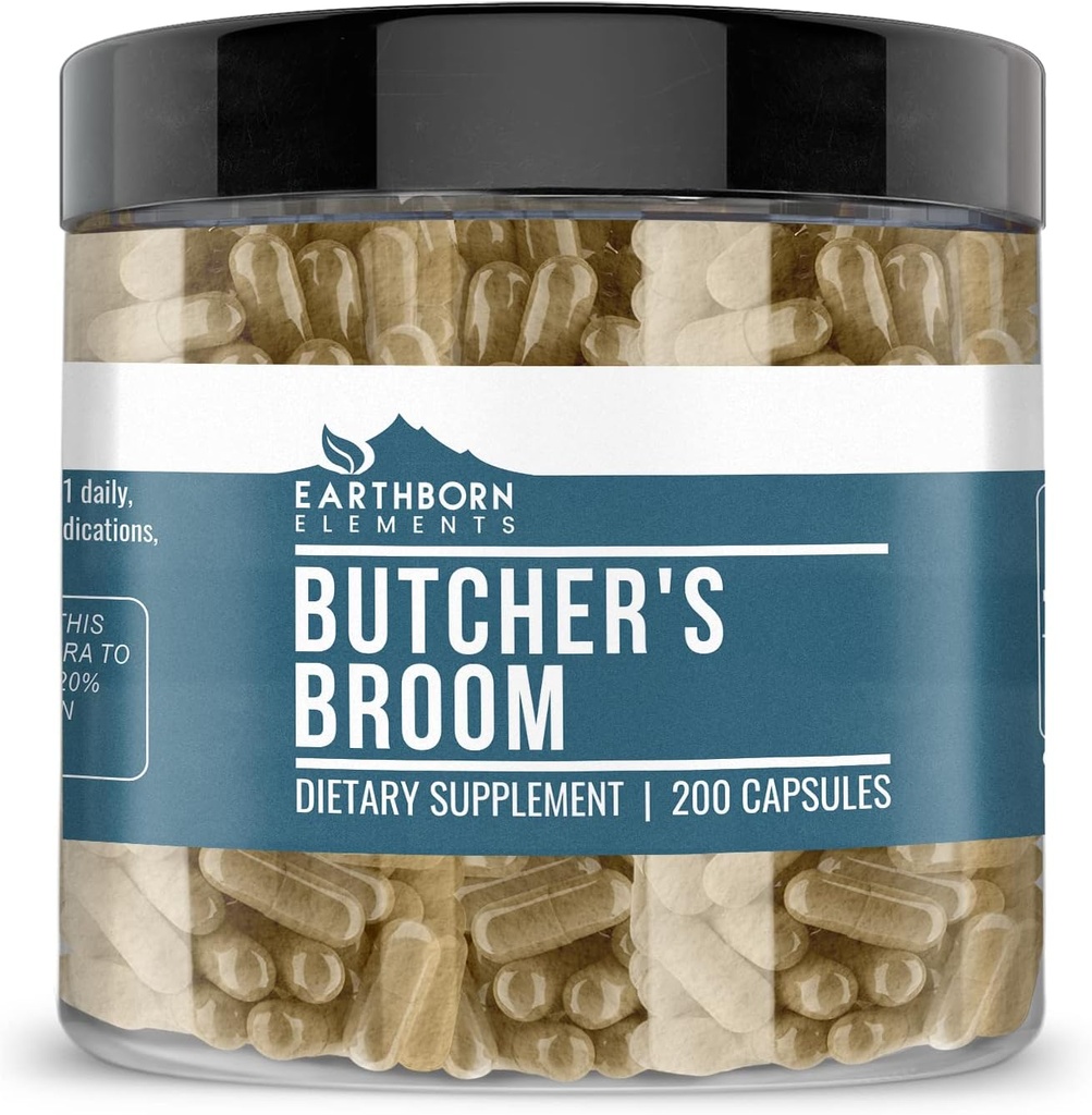 Earthborn Elements Butcher's Broom 200 Capsules, Pure & Undiled, No Wordss