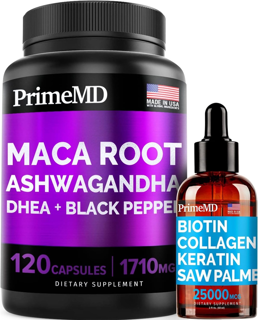 4-in-1 Liquid Biotin Collagen Keratin Saw Palmetto Drops (2 fl oz - 1 Pack) & 6in-1 Maca Root Ashwagandha w Black Pepper Meyvesi (120ct) Sche - Saç, Skin, Nails, Enerji & Mood Support Supplement