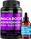 4-in-1 Liquid Biotin Collagen Keratin Saw Palmetto Drops (2 fl oz - 1 Pack) & 6in-1 Maca Root Ashwagandha w Black Pepper Meyvesi (120ct) Sche - Saç, Skin, Nails, Enerji & Mood Support Supplement