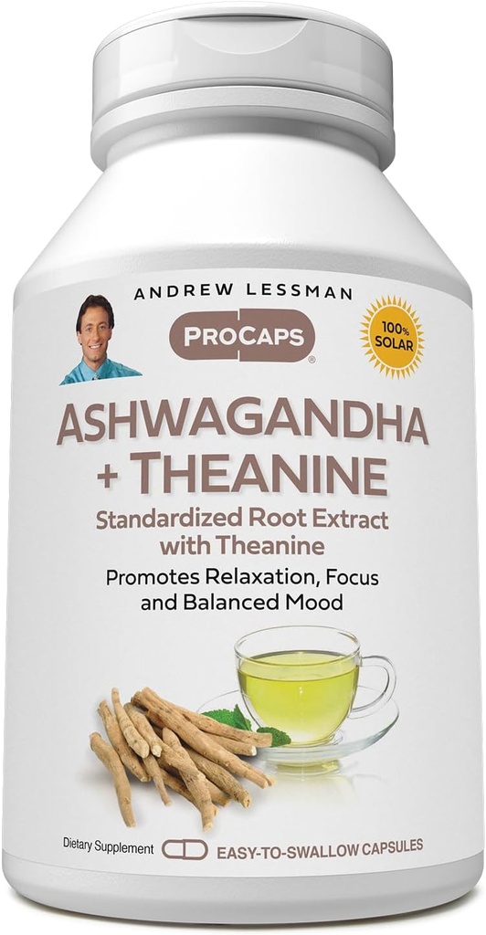 ANDREW LESSMAN Ashwagandha + Theanine 60 Capsules - Standardized Extract. Rahatlama, Focus ve Dengeli Mood. Küçük Easy to Swallow Capsules