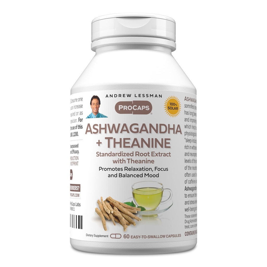 ANDREW LESSMAN Ashwagandha + Theanine 60 Capsules - Standardized Extract. Rahatlama, Focus ve Dengeli Mood. Küçük Easy to Swallow Capsules