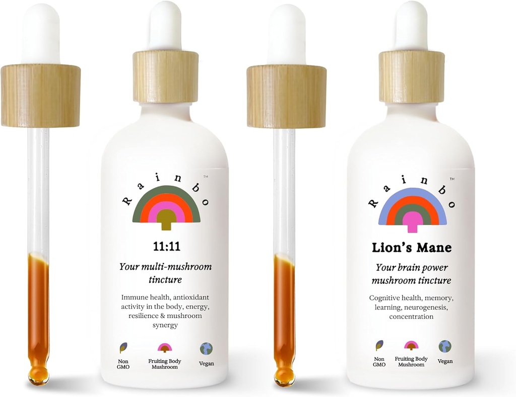 Rainbo Fan Favorite Bundle, 11:11 Multi Mushroom Extract + Mane Mushroom Tincture, Dual Extract Daily Mushroom Tinctures for Complete Immune Support, Vegan Liquid Mushroom Συμπληρώματα