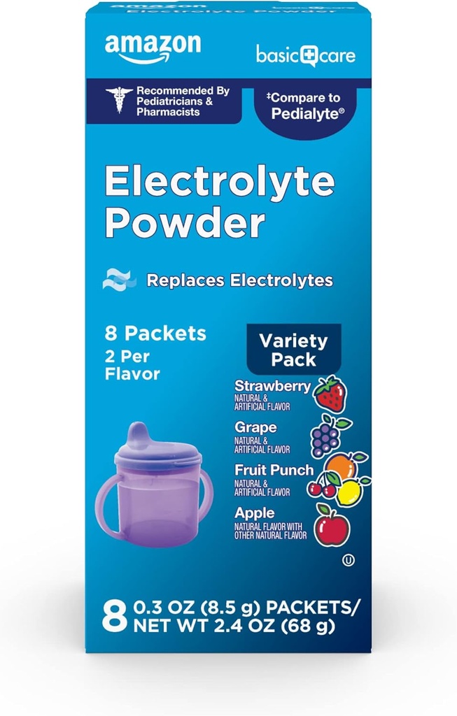 Basic Care Electrolyte Powder Variety Pack, Apple, Fruit Punch, Grape, Φράουλα, 8 Count