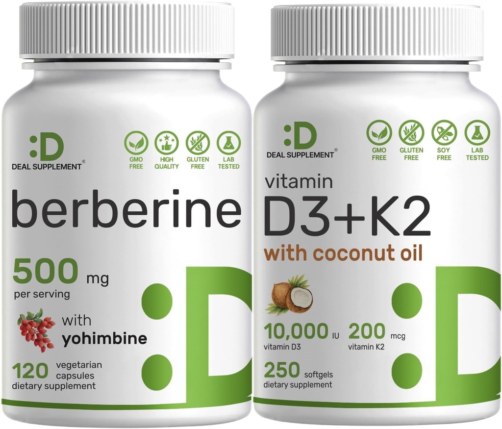 DEAL SUPPLEMENT Vitamin D3 10.000iu + K2 200mcg Softgels & Berberine Supplement with Yohimbine Sche – Essential Sunshine Vitamins with Coconut Oil – High Abxia HC HCl Forms