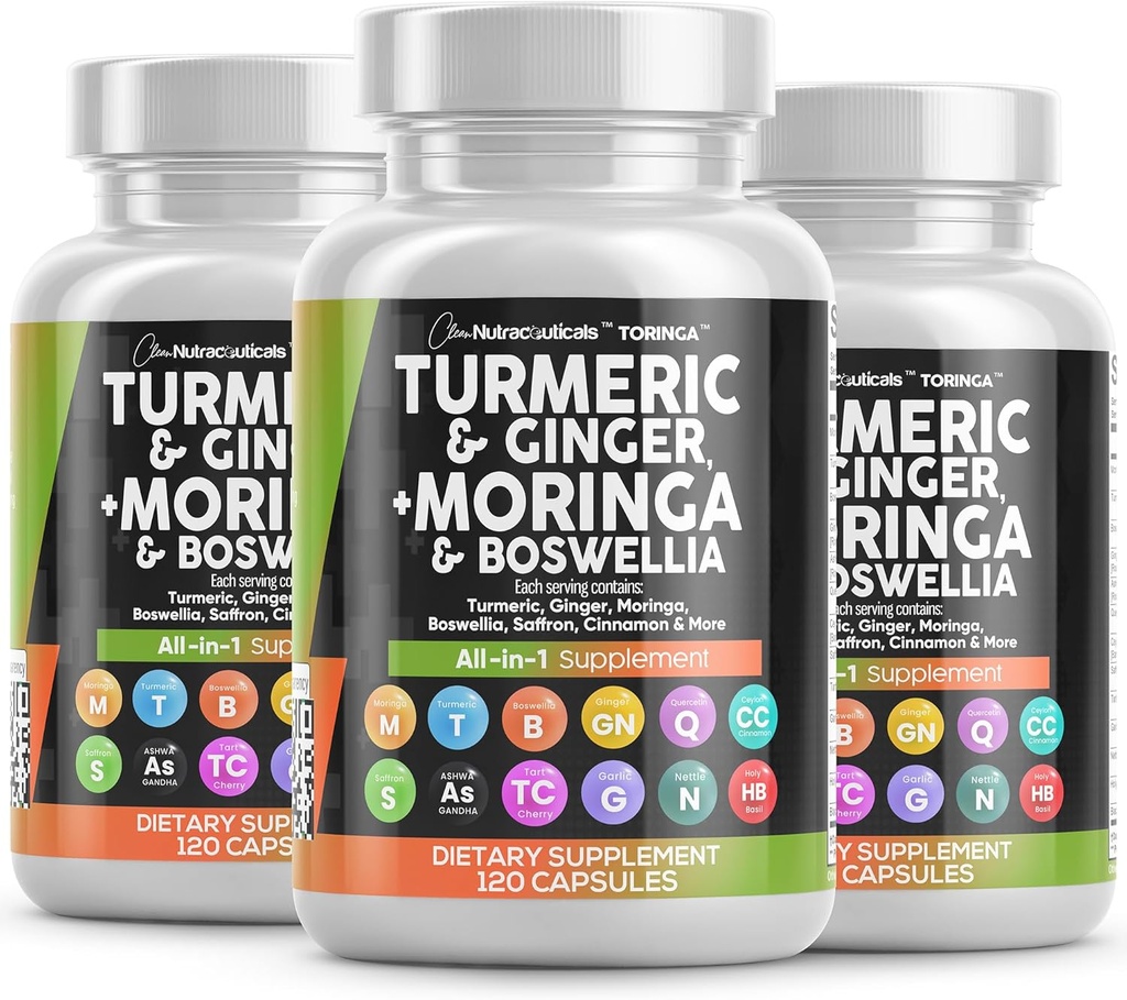 Turmeric Moringa Supplement | Ginger Boswellia Saffron - Ceylon Cinnamon, Tart Cherry, Quercetin Garlic Nettle Holy Basil - 3Pack