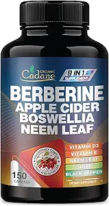 Organik Cadane Berberine Supplement 150 Capsules, Neem Leaf, Apple Cider Vinegar, VIT D3, E & More - Berberine Extract - Immune System, Digestion & General Health