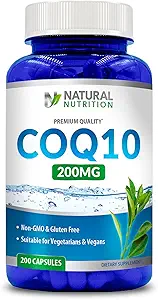Genric Natural Vitamin Coq10 200 mg, 200 Capsules, Quick Abvitamin - Gluten Free & Non-GMO