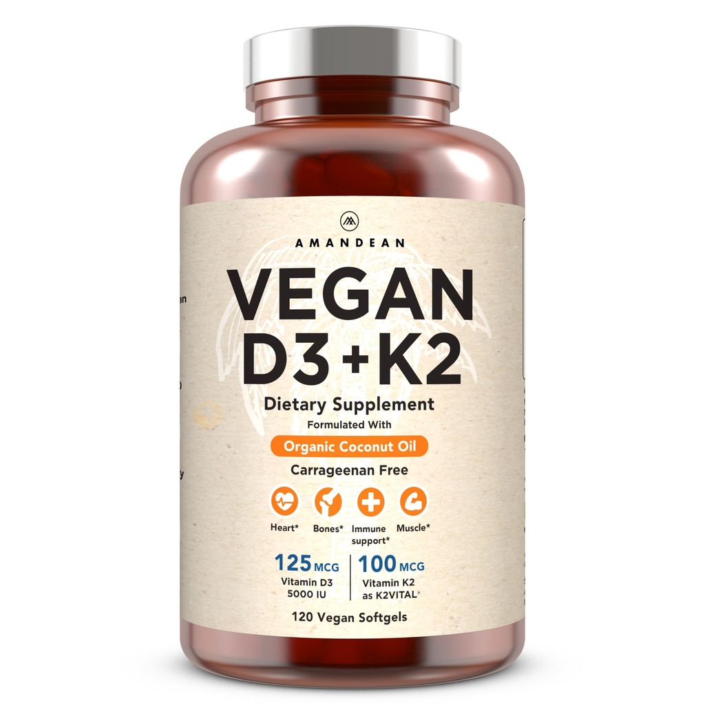 AMANDEAN Βιταμίνη Vegan D3 K2. 5000 eu από την Algae. All-Trans MK-7. 120 Softgels. Μείγμα οργανικού λαδιού καρύδας. για Mood, οστά, καρδιά, ανοσοποιητική υγεία (Packaging May Vary)