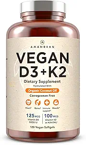 AMANDEAN Vegan D3 K2. 5000 iu Algae. All-Trans MK-7. 120 Softgels. Plant-Based & Carrageenan Free. Organic Coconut Oil Mix. for Mood, Bones, Heart, Immune Health (Packating May Vary)
