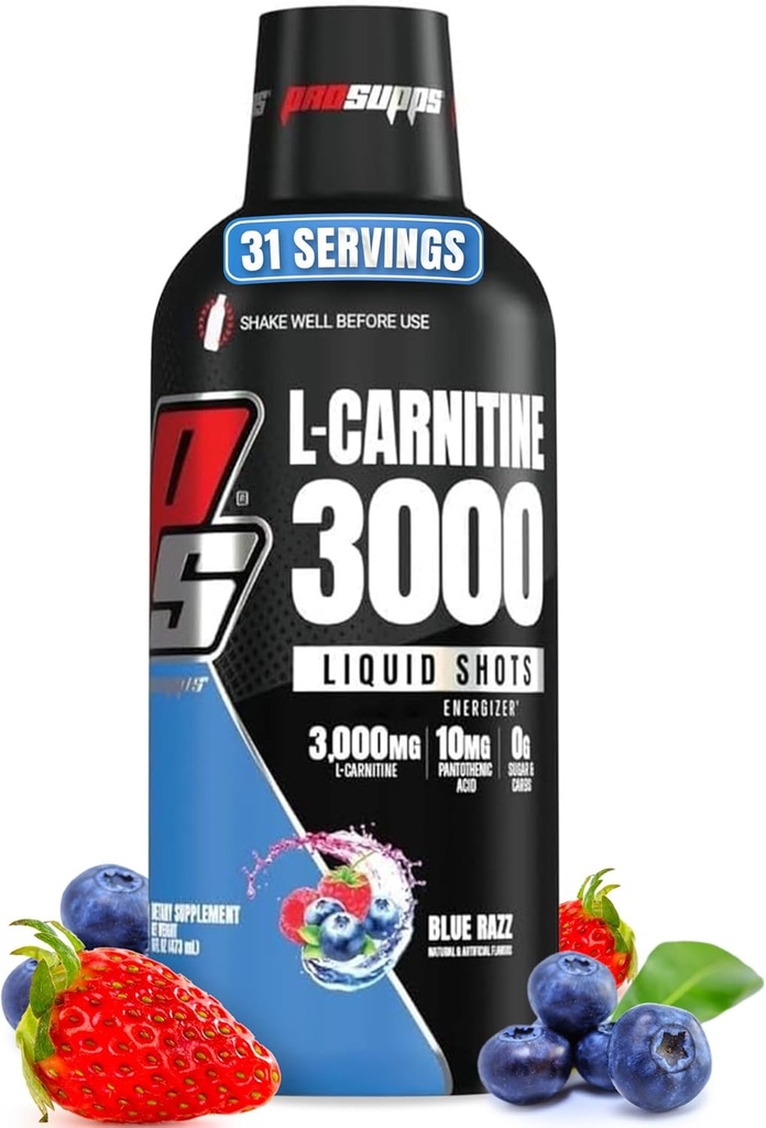 PROSUPPS L-Carnitine Liquid 3000, Erkekler ve Kadınlar için Stimulant-Free Liquid Shots - Energy, Performance & Muscle Recovery - No Sugar, No Carbs - 31 Hizmet, Blue Razz