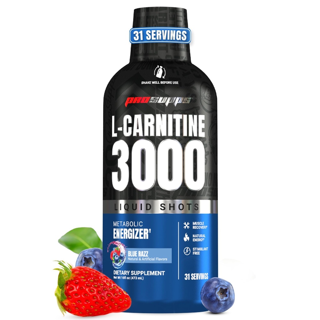 PROSUPPS L-Carnitine Liquid 3000, Erkekler ve Kadınlar için Stimulant-Free Liquid Shots - Energy, Performance & Muscle Recovery - No Sugar, No Carbs - 31 Hizmet, Blue Razz