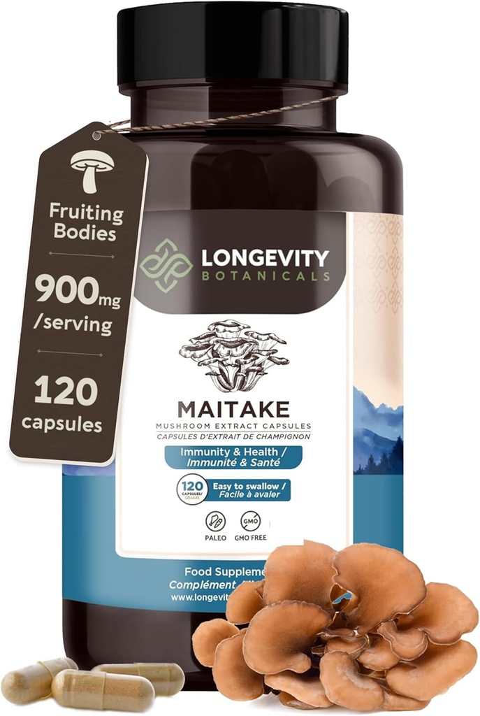 Longevity Botanicals Organic Maitake Mushroom Extract Capsules (120) | Interd 10:1 Karşılaştırma | 100 Meyveli Bodies | Grifola frondosa Natural Supplement for Gut Health & Immunity Support Capsules