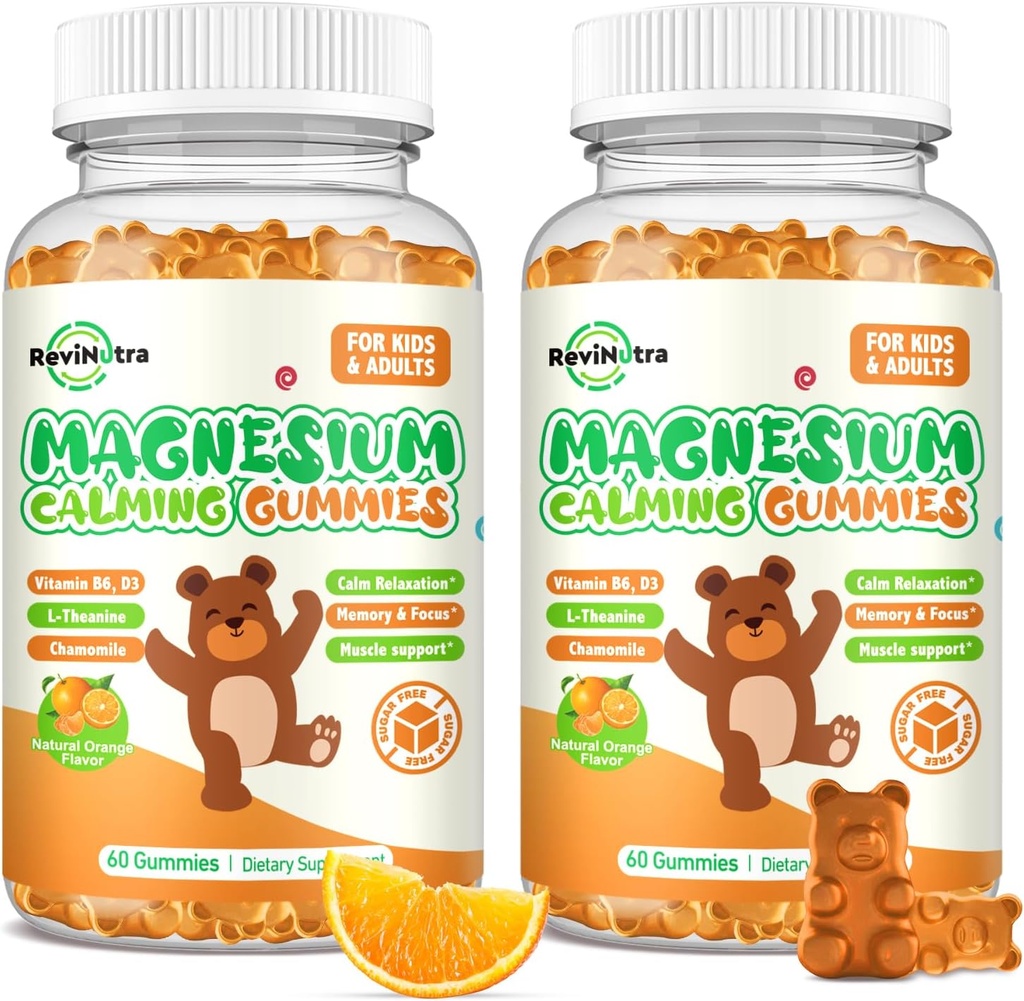 Μαγνήσιο Gummies για παιδιά - Μαγνήσιο Glycinate Gummies συμπλήρωμα με L-Θεανίνη, βιταμίνη Β6, D3 για ενήλικες & παιδιά, Ηρεμία Μαγνήσιο για τον ύπνο, χαλάρωση, εγκέφαλος, οστά, χωρίς ζάχαρη Orange 120ct
