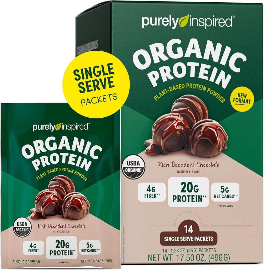 Purely Inspired Organic protein Toz, 14 Single Serve Packets, Rich Decadent Chocolate - 20g of Plant-Based Protein Toz for Smoothies & Shakes - Dairy-Free, Non-GMO - for Men & Women
