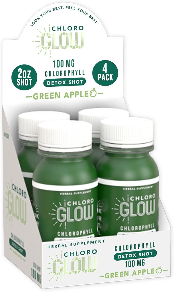 Chloroglow Chlorophyll Shots – Organik Plant-Based Green Apple Immune Support & Body Cleanse – Natural Supplement (4 Pack)