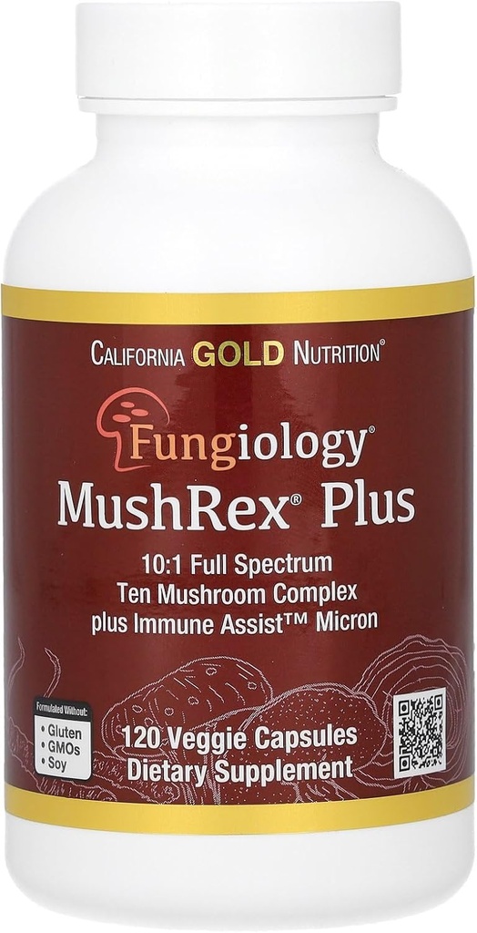 California Gold Nutrition Fungiology, MushRex Plus, Full-Spectrum Ten Mushroom Complex with Agaricus, Chaga, Cordyceps ve Lion's Mane, 120 Plantcaps