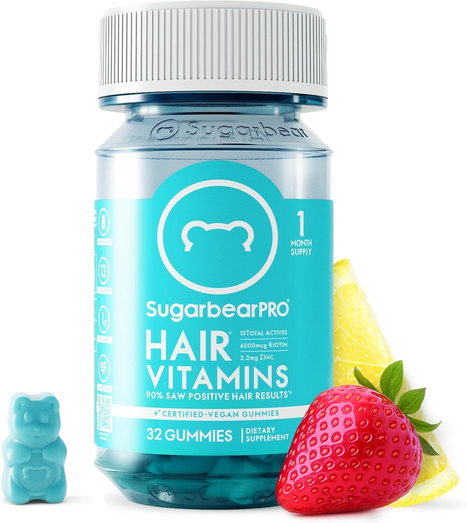 SugarBearPro Saç Gummy 1 Ay Supply, Ekstra Güçlü Biyotin 6000 Telefon Saç Büyümesi için, Vegan B12, MSM, Inositol, Omega 3, Elderberry, sertifikalı Kosher, Halal, Cruelty-Free