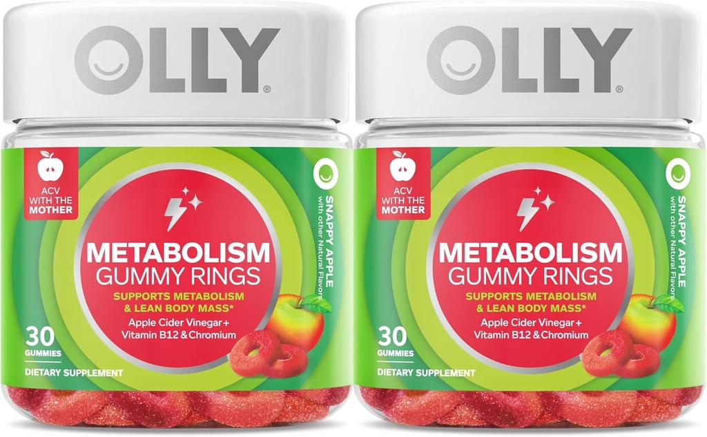 OLLY Metabolism Gummy Ring, Apple Cider Vinegar, B12, Kromium, Enerji ve Digestive Health, Chewable Supplement, Apple Flavor, Twin Pack - 60 Count