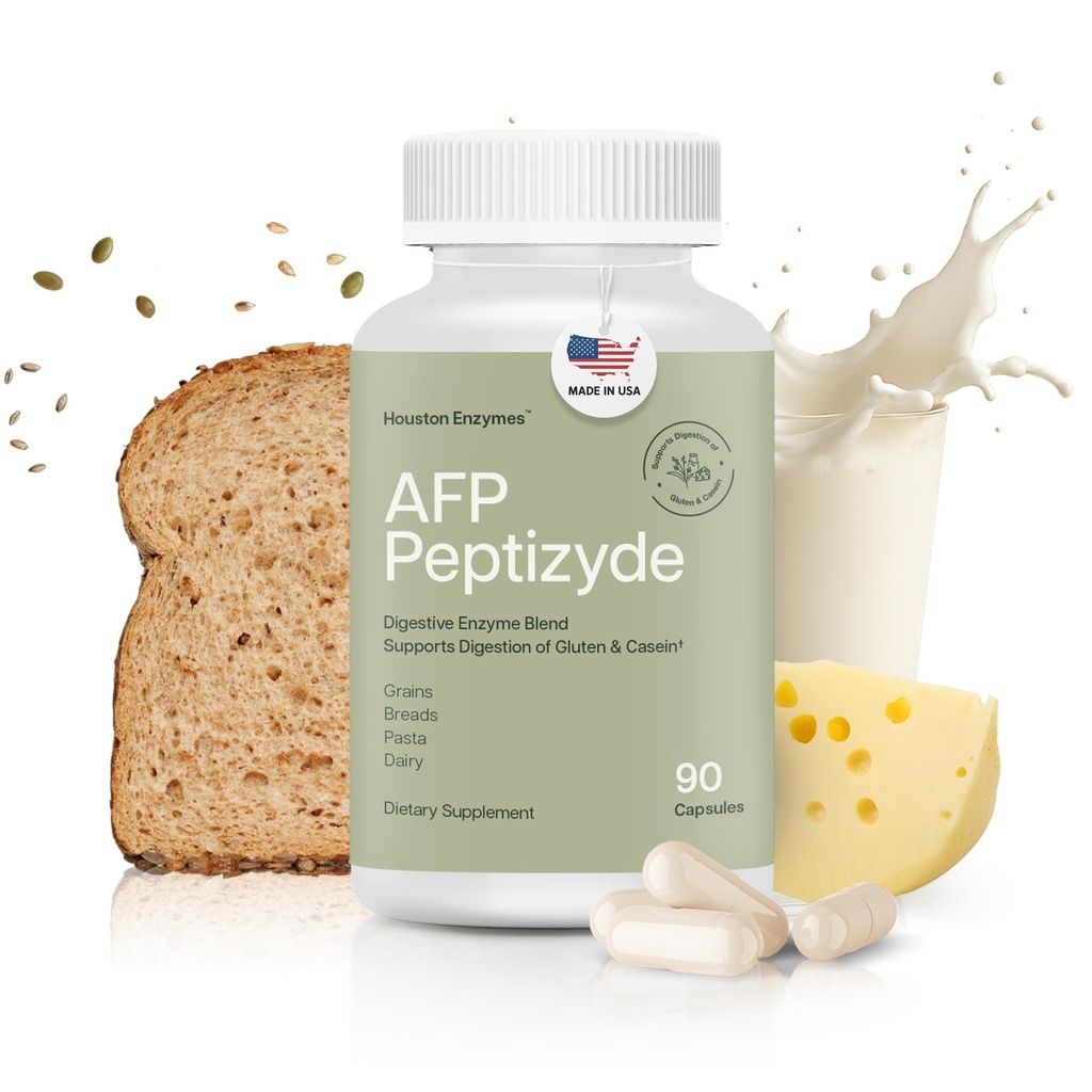 Houston Enzymes AFP Peptizyde - Digestive Enzyme Combination for Protein, Casein & Gluten Proteins - Digestive Enzymes for Women and Men (90 Κάψουλες)