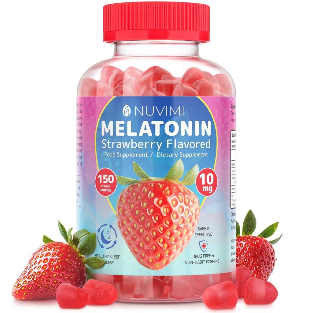 Melatonin Gummies - 10 mg Strawberry Flavored Diyetary Food Supplement to Help Sleep - 150 Vegan Gummies
