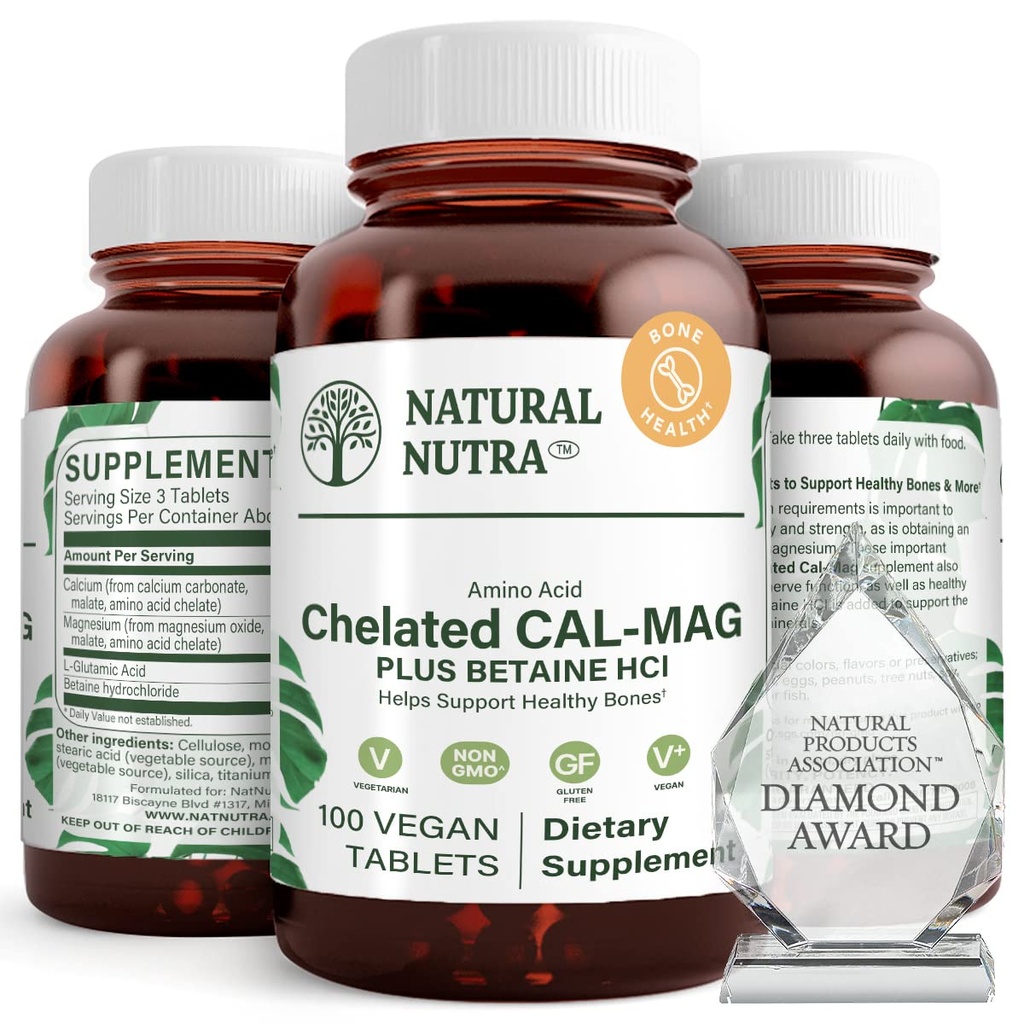 Doğal Nutra Chelated Dolce Magnezyum 1000/500 mg Supplements Plus Betaine HCL - Chelated Cal Mag Kemik Yoğunluğu, Destekler Kas, Dişler, Cardiovascular & Nerve Health, 100 Vegan Tabletler