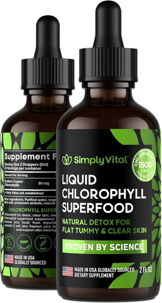 SimplyVital Chlorophyl Liquid Drops for Clear Skin & Energy Boost - Συμπλήρωμα Ανοσολογικής Υποστήριξης - Made in USA - Liquid Chlorophyl for Gut Health - Εσωτερικό Αποσμητικό - Αντιοξειδωτικό - 2 FL OZ