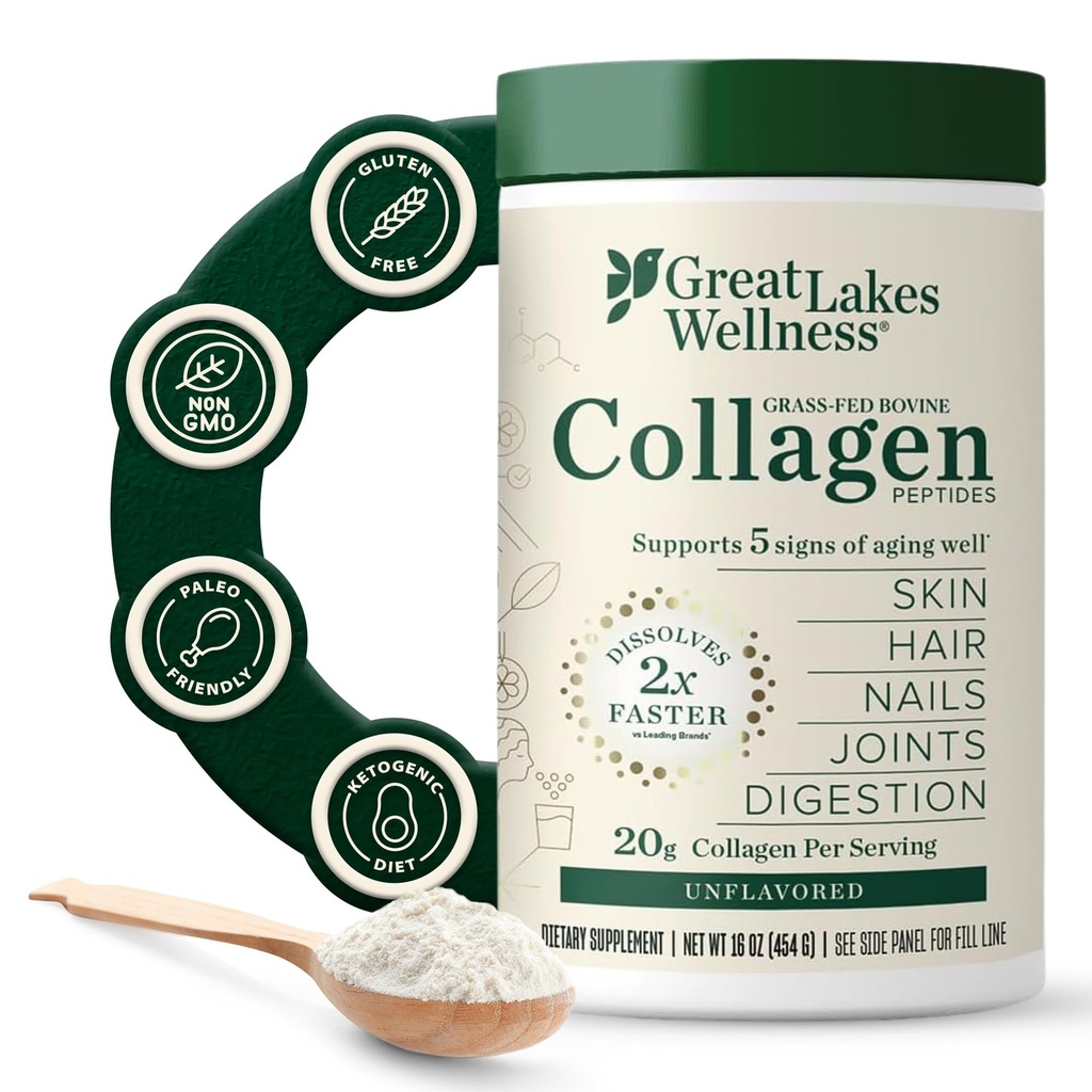 Büyük Lakes Wellness Collagen, Tozu Skin, Saç, Nails, Ortaklar ve Digestion - Unflavored - Quick Dissolve Hydrolyzed, Non-GMO, Keto, Kosher - 16oz