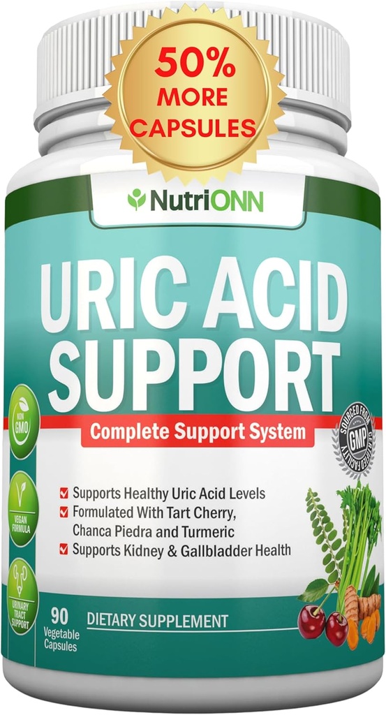 Uric Acid Flush - Herbal Uric Acid Cleanse Supplement - Tart Cherry, Celery Seed Extract, Chanca Piedra, Devil's Claw & Green Coffee Bean - Vegan - Gallbladder ve Kidney Health