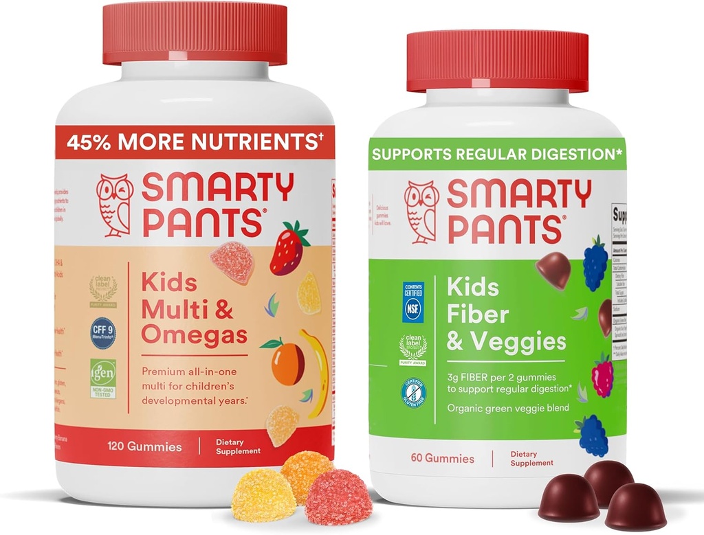 SmartyPants Kids Multivitamin + Fiber & Veggie Bundle: Omega 3 Fish Oil, Prebiotic Fiber, Gluten-free, Three Fruit & Mixed Berry Flavors, Multi & Omegas (120 Count) + Fiber & Veggies (60 Count)
