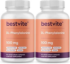 BESTVITE DL-Phenylalanine 500 mg (240 Vejetaryen Capsules) (2-Pack) - No Stearates - No Fillers - Vegan - Gluten Free - Non GMOlanine 500 mg (240 Vejetaryen Capsules) (2-Pack) - No Stearates - No Fillers - Vegan - Gluten Free - Non GMOly