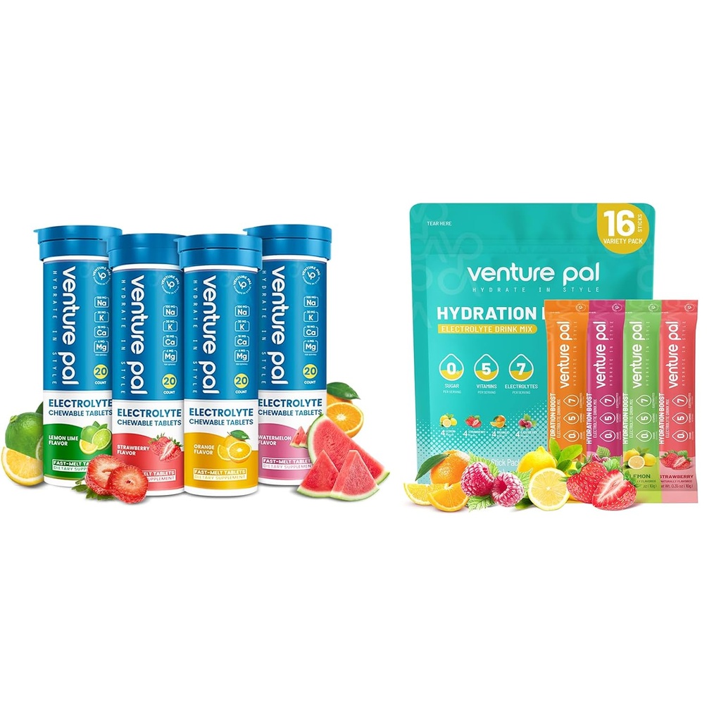 Venture Pal Ζάχαρη Δωρεάν Ηλεκτρολυτές Powder Packets & Μασώμενα Ηλεκτρολυτικά Δισκία Fast-Melt, Sport Ηλεκτρολύτης για το τρέξιμο Ποδηλασία Αθλητική Διατροφή