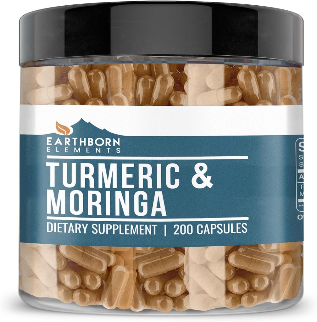 Earthborn Elements Turmeric & Moringa 200 Capsules, Pure & Undiled, No Wordss