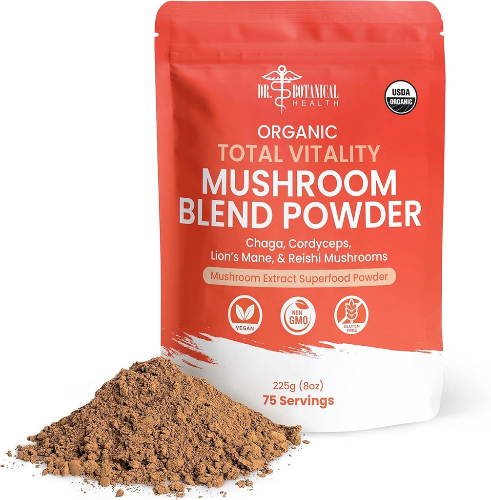Organik Mushroom Toz - 4-in-1 Reishi, Lion's Mane, Cordyceps ve Chaga Mushroom Supplement Extract Kompleks, Mushroom Mix Toz Immune Boost & Brain Support, Add to Coffee, Tea or Water