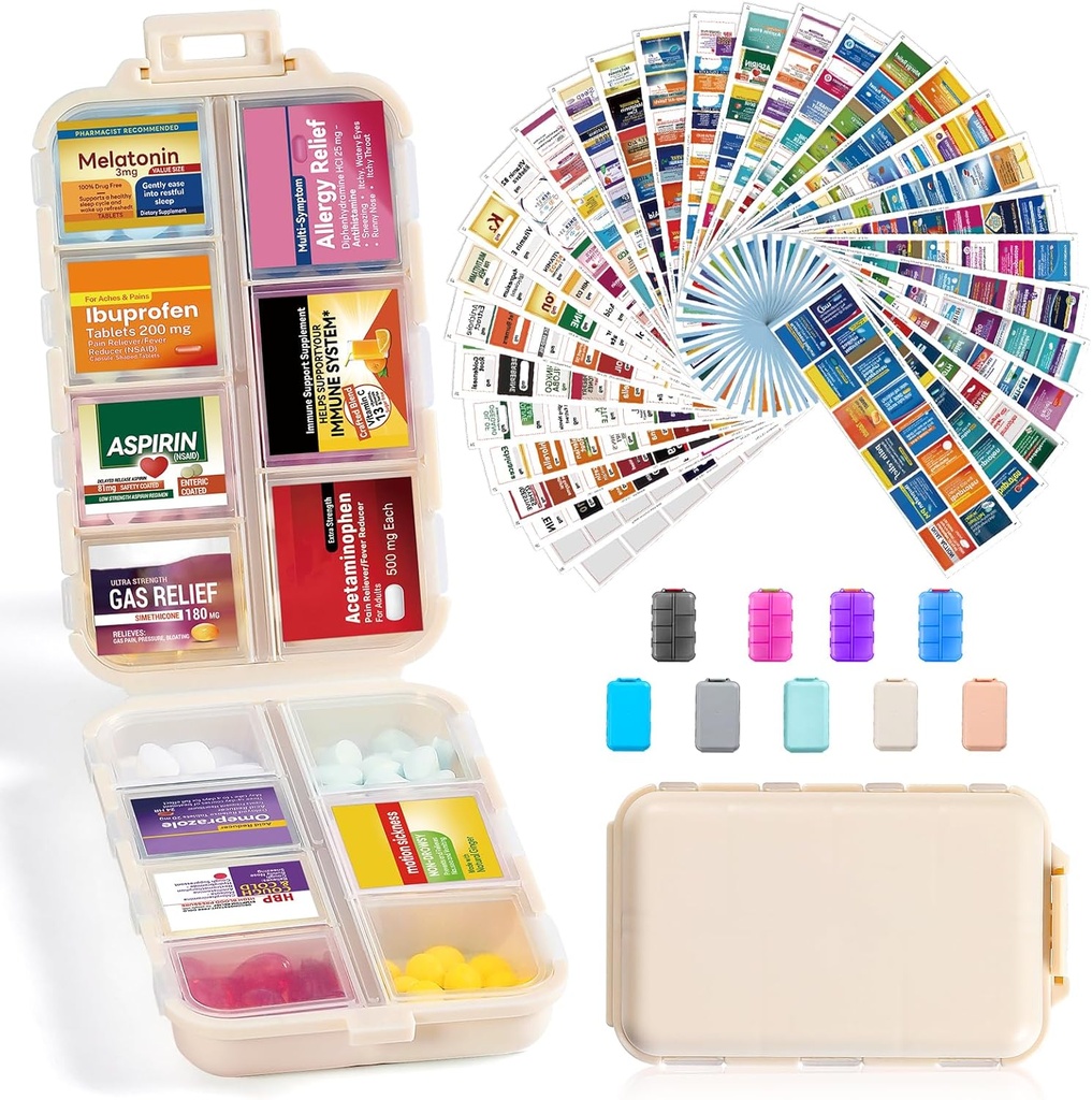 14 Grids Travel Pill Organizer Box with 415-Pcs Medicine Name Labels - Pocket Daily Pharmacy Case Container Kit - Travel Medication Holder Dispenser for Fish Oil Vitamin Supplement Storage - Khaki