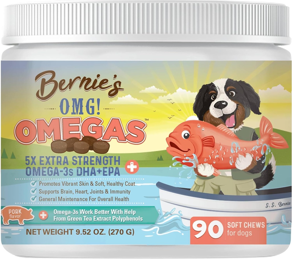 Bernie's OMG! Köpekler için Omegas Chews - 5X Ekstra Kuvvet DHA+EPA, Fish Oil, Sağlıklı Skin & Coat, Antivirüs Yardımı, Ortak Supplement (Pork Flavor)