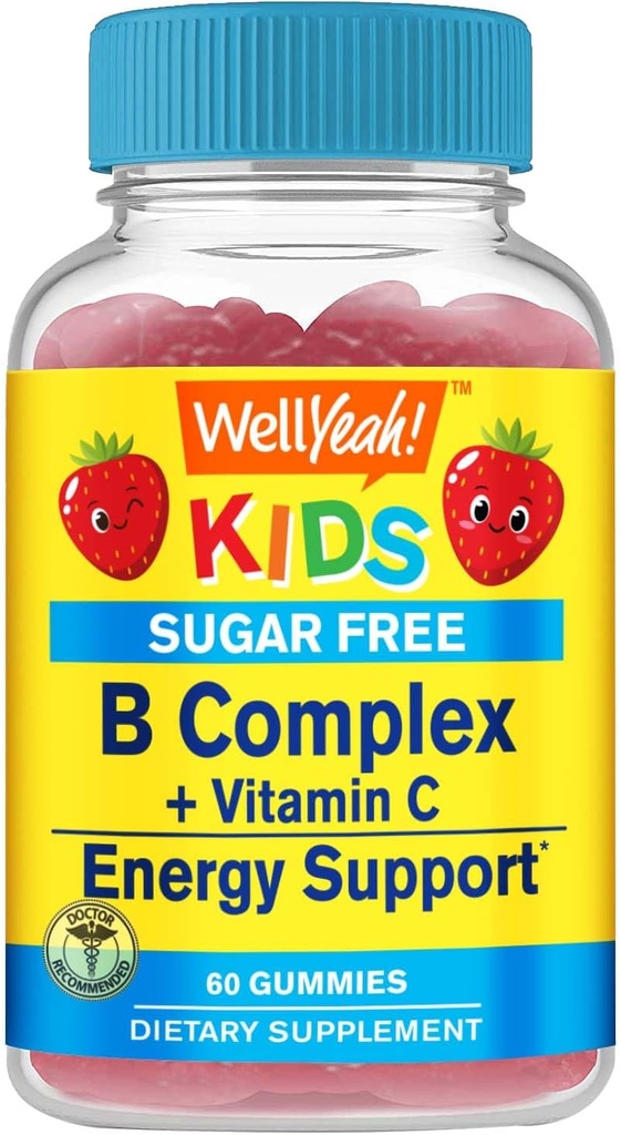 WellEvet Çocuklar B Kompleks Şeker Ücretsiz Gummies | C, Folic Asit | Immune ve Enerji Desteği | Strawberry Flavor | 60 Kont