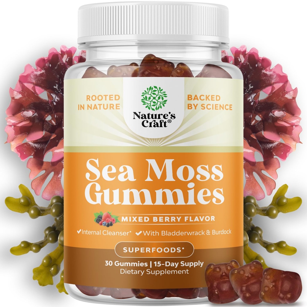 Natures Craft Sea Moss Gummies for Adults and Kids - Vegan Adult and Kids Immune Support Gummies with Burdock Bladderwrack Sea Moss Gel - Υπέροχο συμπλήρωμα γεύσης μούρου Άνδρες Γυναίκες Παιδιά 30ct