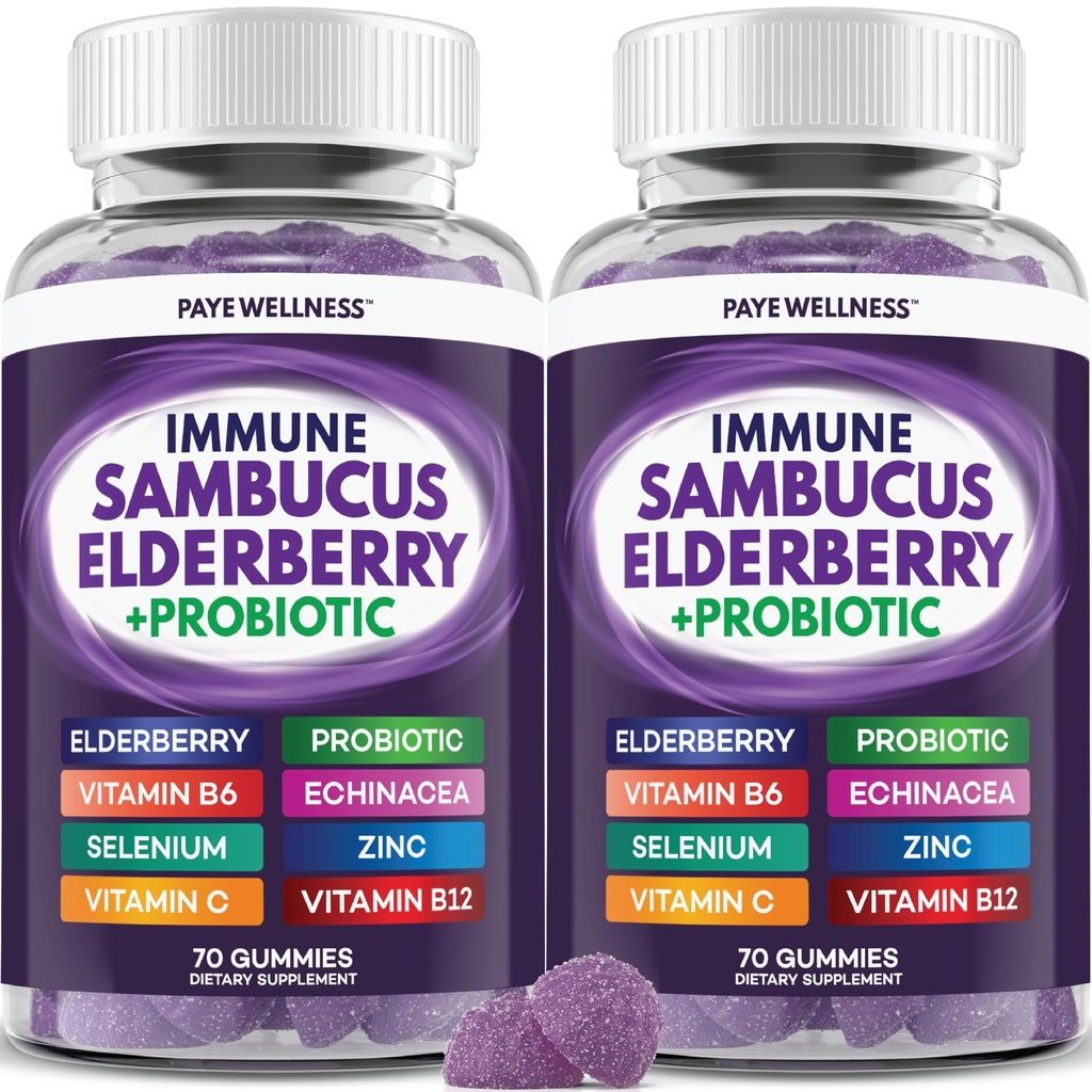 Elderberry Gummies Ανοσολογική Υποστήριξη, Καθημερινή Υποστήριξη για Παιδιά και Ενήλικες*, με Sambucus Elderberry, Ψευδάργυρος, Βιταμίνη C, D3, B6, B12, Plus - Συμπλήρωμα Διατροφής - 140 Count