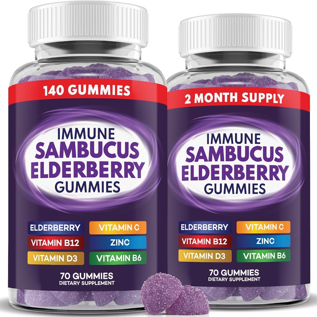 Elderberry Gummies Ανοσολογική Υποστήριξη, Καθημερινή Υποστήριξη για Παιδιά και Ενήλικες*, με Sambucus Elderberry, Ψευδάργυρος, Βιταμίνη C, D3, B6, B12, Plus - Συμπλήρωμα Διατροφής - 140 Count