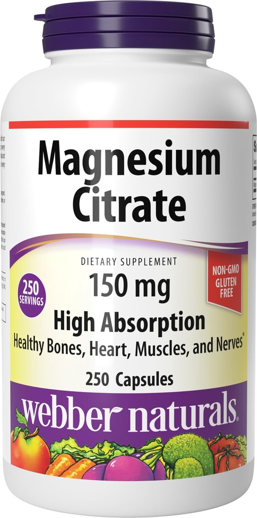 Webber Naturals Magnesium Citrate, 150 mg Per Capsule, 250 Capsules, High Absorption, Helps Support Bones, Teeth and Proper Muscle & Heart Function, Gluten & Dairy Free