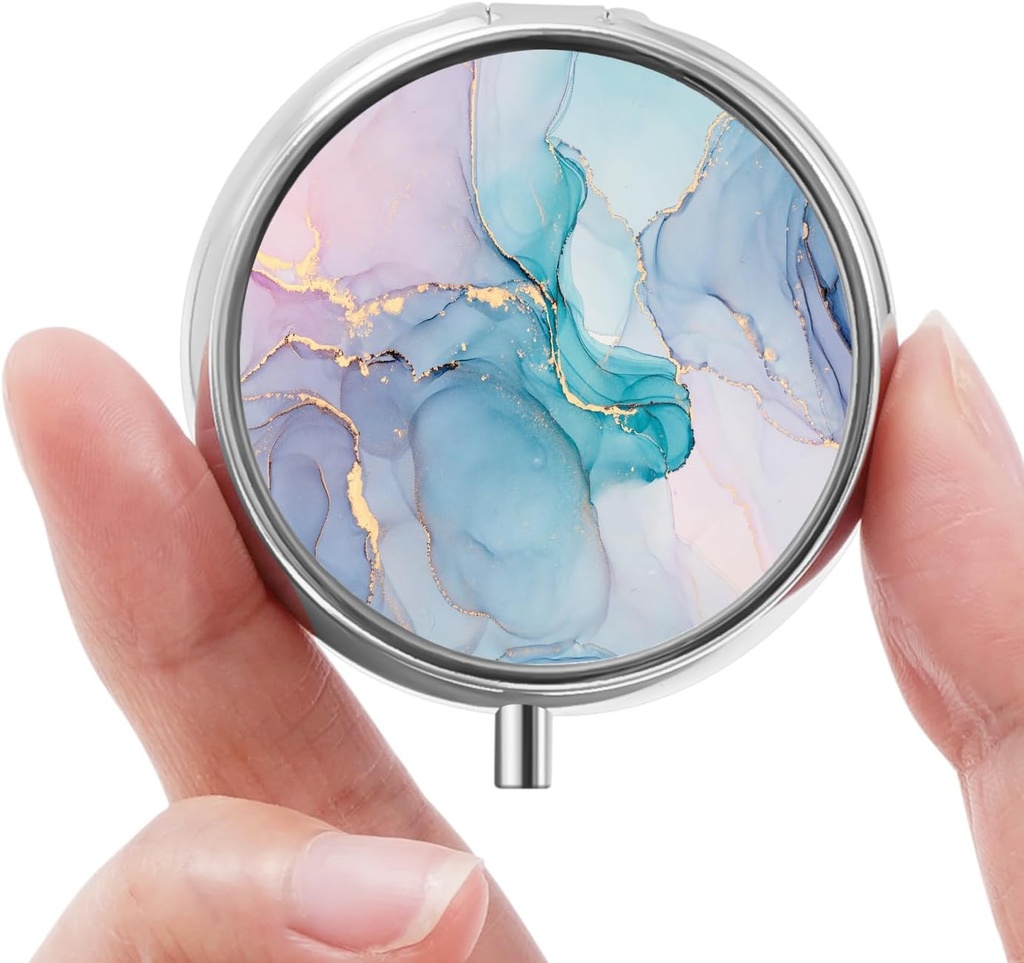 Mini Pill Box, Small Pill Box, Portable Pill Box, Cute Pill Organizer for Vitamins, Drugs, Fish Oil and Supplements (Mavi Mermer)