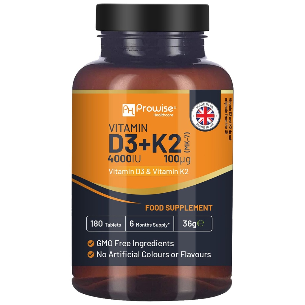Βιταμίνη D3 4000IU & K2 MK7 100μg χορτοφαγικά δισκία I 180 (6 Μήνες Προσφορά) I Easy to Swallow Supplement for Immune Support, Calcium Boost, Bone & Muscle I Made in The UK by Prowise Healthcare