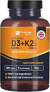 D3 4000IU & K2 MK7 100μg Vejetaryen Tabletler I 180 (6 Ay Supply) Immune Support,dis Boost, Bone & Muscle I Made in the UK by Prowise Health