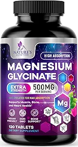 Magnezyum Glycinate 500 mg - Ultra Abpsiyon için Chelated - Bone, Muscle, Nerves & Heart Health, Nature's Sleep Support, Best Magnezyum Supplement Pills for Whole Body Support - 120 Tabletler