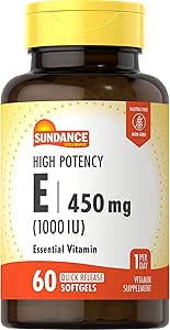 Sundance High Potency E | 450 mg (1000 IU) | 60 Softgels | Essential Vitamin Supplement | Non-GMO ve Gluten Free Formula