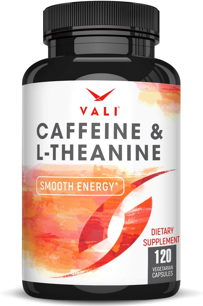 VALI Caffeine 50mg & L Theanine 100mg - Caffeine Pills & L-Theanine for Smart Smooth Energy & Focus Supplement. Nootropic Brain Booster Cognitive Support Stack & Focused Clarity. 120 Veggie Capsules